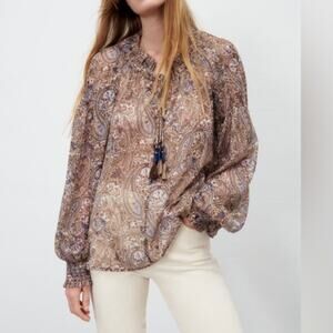 Zara Brown Paisley Top Womens Large Sheer Double Tassel Ties Peasant Boho Blouse